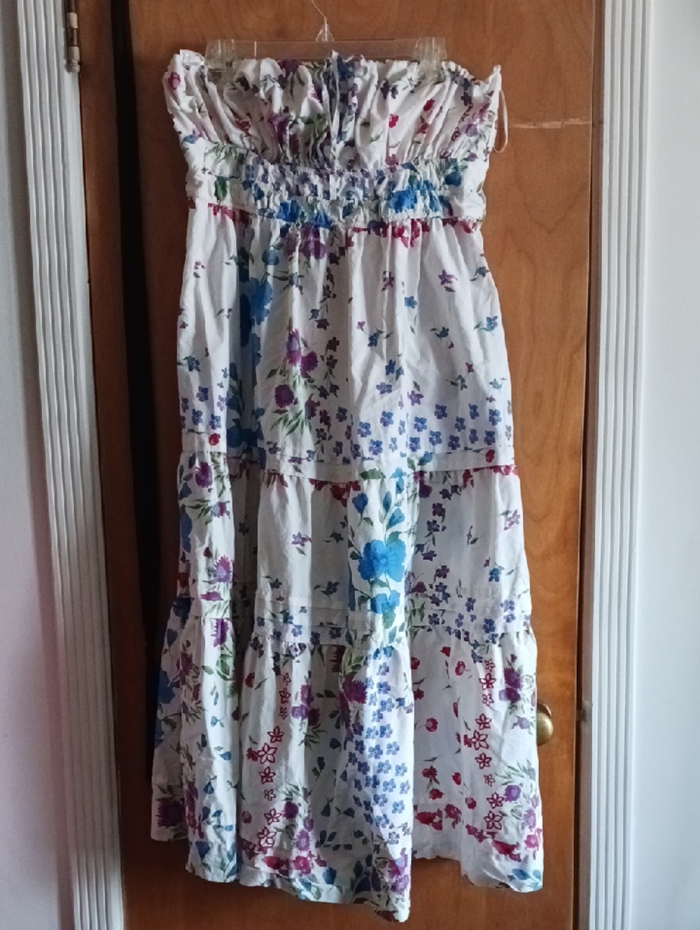 Anthropologie White Strapless Floral Tiered Sundress